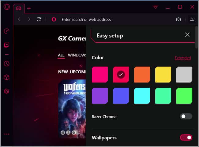 Razer Chroma dans le navigateur Opera GX