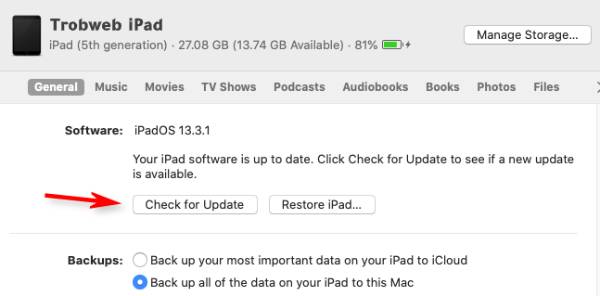 تحديث نظام iPadOS عن طريق USB باستخدام Finder أو iTunes