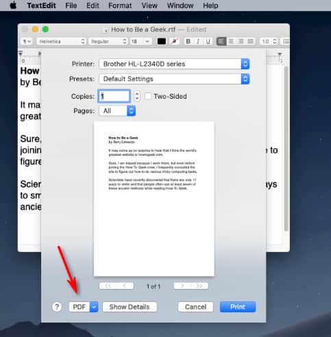 Imprimer le document sous forme de fichier pdf sur Mac