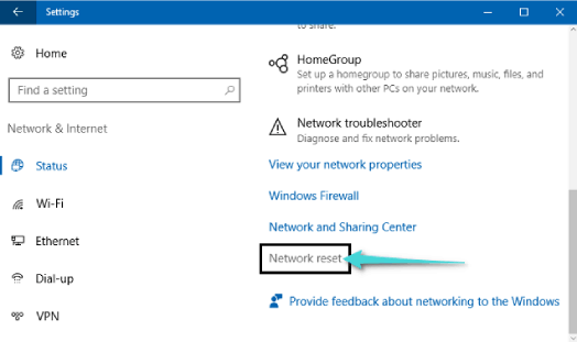 Network reset في Windows 10
