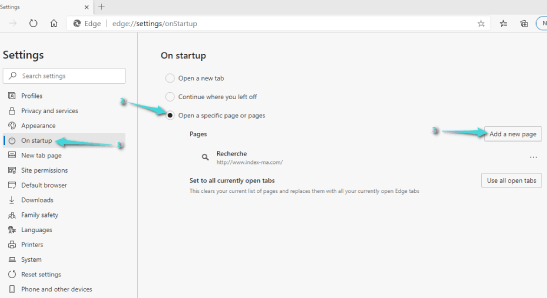Modification de la page d'accueil lors de l'exécution de Microsoft Edge