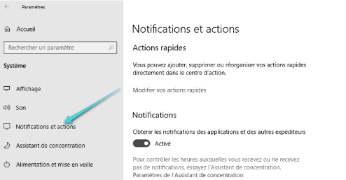 Paramètres de notification dans Windows 10