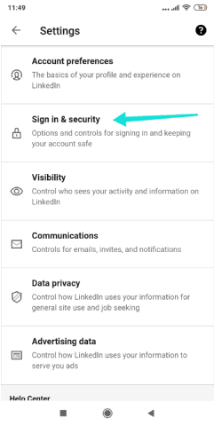 إعدادات تسجيل الدخول والأمان على Linkedin