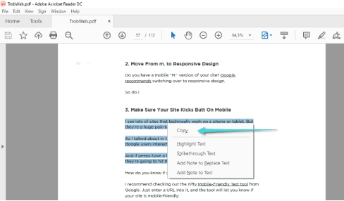 Copiez le texte d'un fichier PDF via Acrobat Reader DC