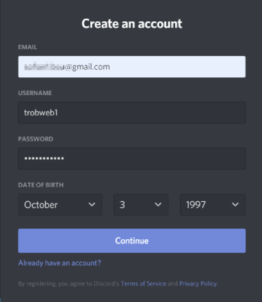 إنشاء حساب على discord