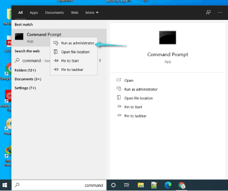 Ouvrez cmd en tant qu'administrateur depuis le menu Démarrer Windows 10