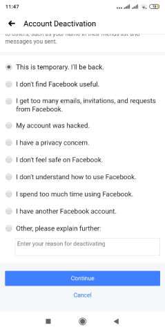 Déterminer la raison de la suppression temporaire du compte Facebook via l'application