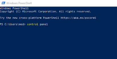 Ouvrir via le panneau de configuration PowerShell sur Windows 10