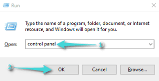 فتح لوحة التحكم على Windows 10 خلال نافذة التشغيل