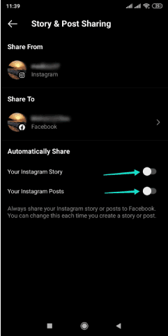 Désactiver la publication automatique d'histoires et de publications Instagram sur Facebook