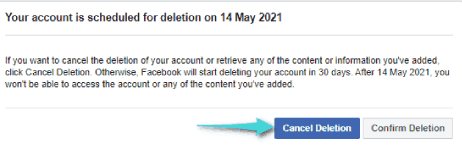 Annuler la suppression du compte Facebook