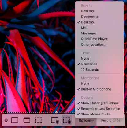 Options d'enregistrement vidéo sur écran Mac