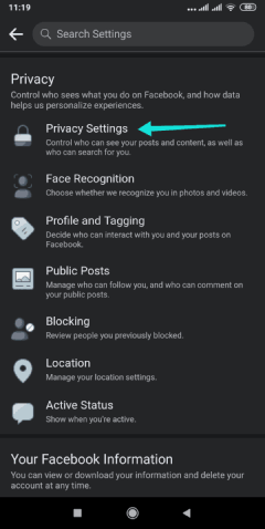 Paramètres de confidentialité dans l'application Facebook