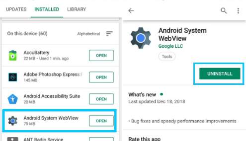 Désinstaller une application Android System Webview