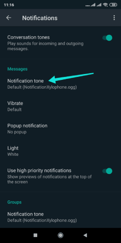 تغيير صوت إشعارات رسائل Whatsapp