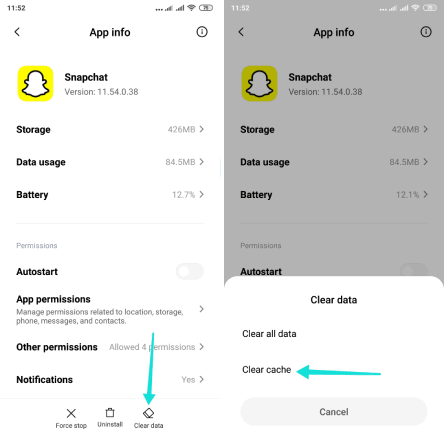 مسح الكاش لتطبيق Snapchat على الاندرويد